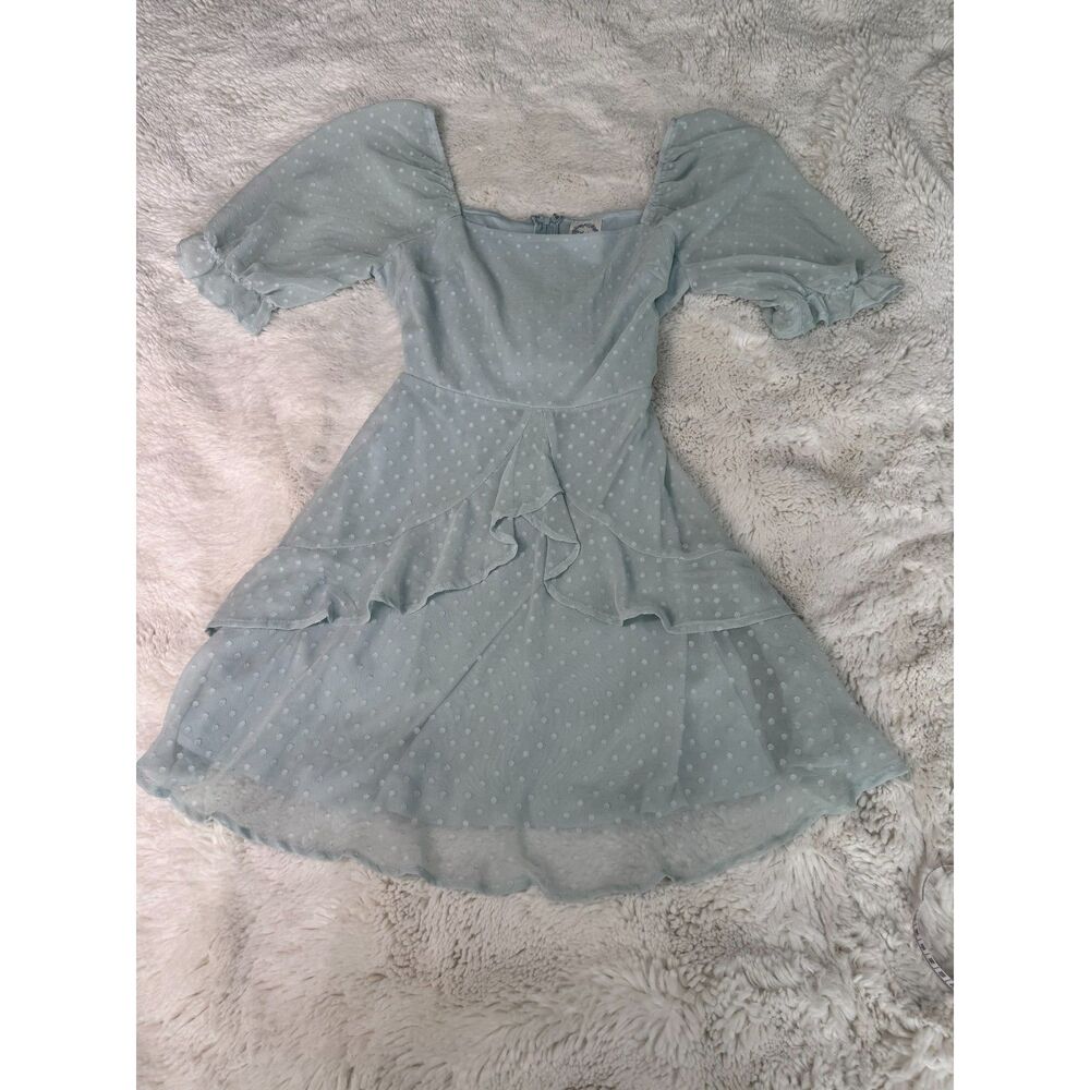 Blue Rain Francesca’s Swiss Dot Ruffle Mini Dress M Light Blue Puff Sleeve